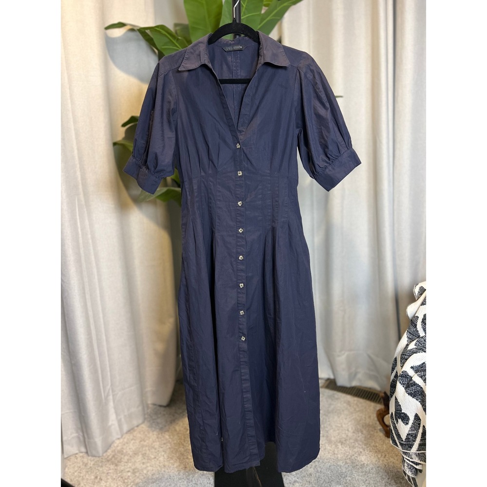 Zara Navy Blue Poplin Midi Shirt Dress Short Puff Sleeve Button Down Small
